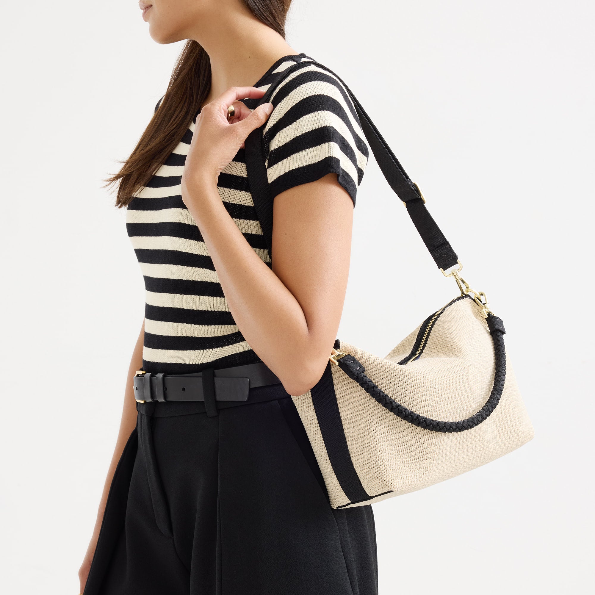 The Daily Crossbody - Black and White Raffia-Knit - Image 3